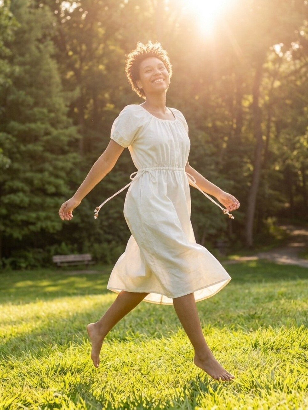 🌿🌿White 92%Cotton Drawstring Waist Summer Dress